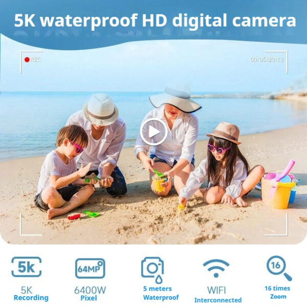 5K Digital camera, optical 16x zoom, 64MP high-definition front and rear dual cameras, AF automatic/manual focus, travel camera - Image 2
