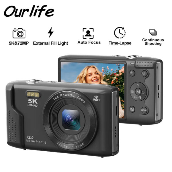 Ourlife 5K Digital Photography Camera 16X Digital Zoom Vintage Vlog Video Recorder YouTube 2.8 inch Screen Compact Autofocus Cam