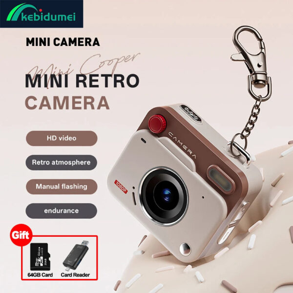 Kebidumei Mini Retro Camera With 64GB TF Card Card Reader Keychain 1080P HD Display Tiny Travel Cameras Digital Camera for Kids