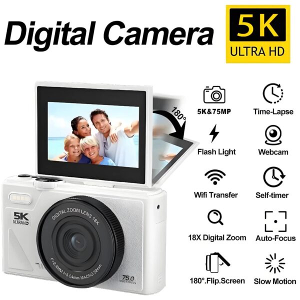 5K Ultra-High Definition 18X Zoom Digital Camera 3.0-Inch 180-Degree Rotating High-Definition Screen Student Camera Birthday Gif