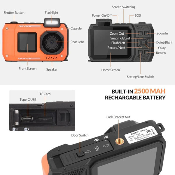 4K Underwater Camera 33 FT Waterproof Camera With Dual Screens Selfie 48MP Autofocus Digital Camera For Snorkeling - Image 2